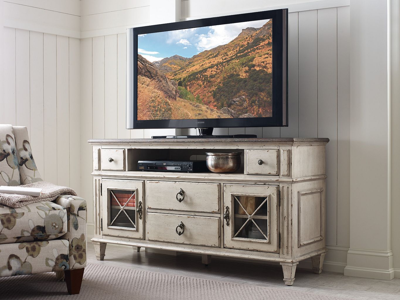 American Drew Southbury Entertainment Console in Fossil/Parchment