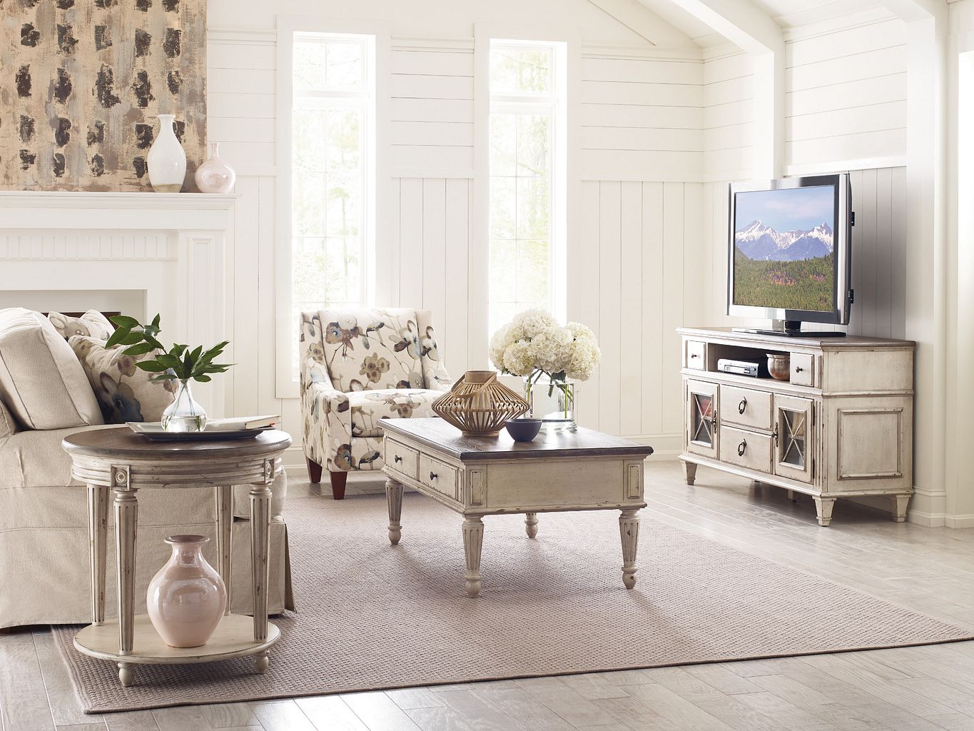 American Drew Southbury Entertainment Console in Fossil/Parchment