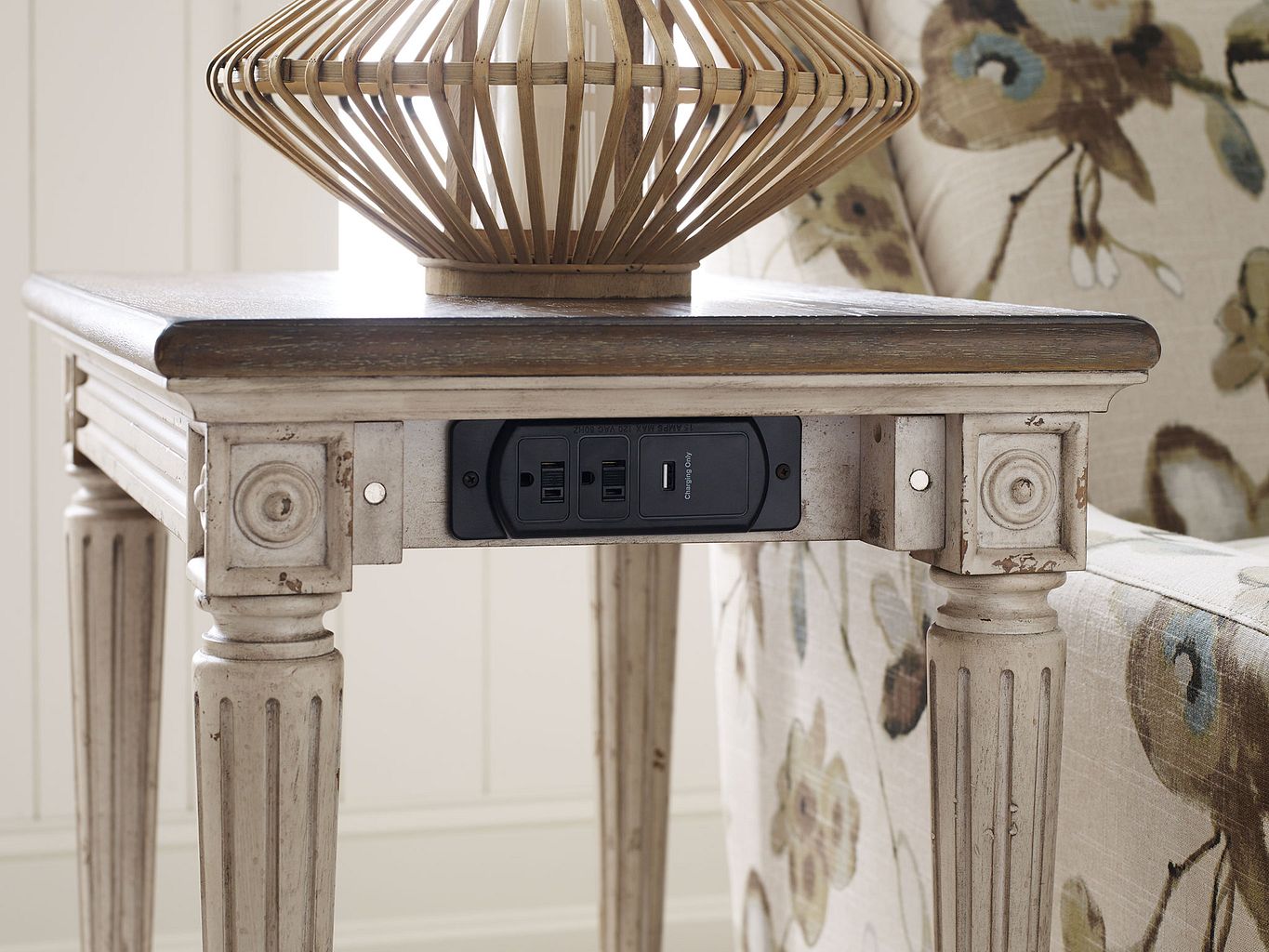 American Drew Southbury Charging Chairside Table in Fossil/Parchment