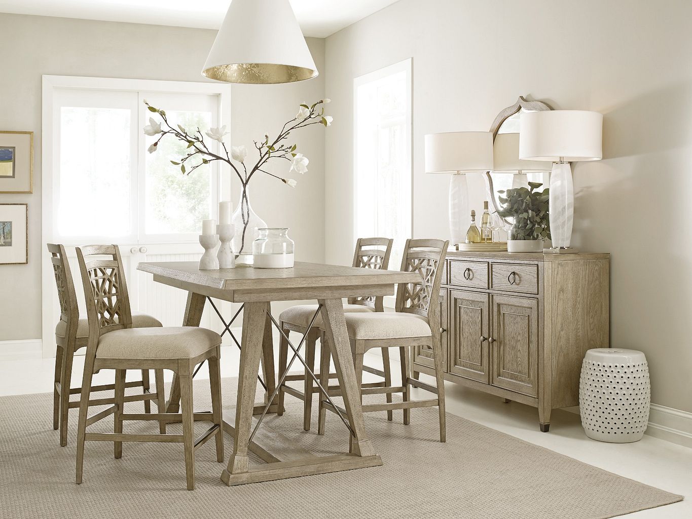 American Drew Vista Clayton Counter Height Trestle Table in Oyster