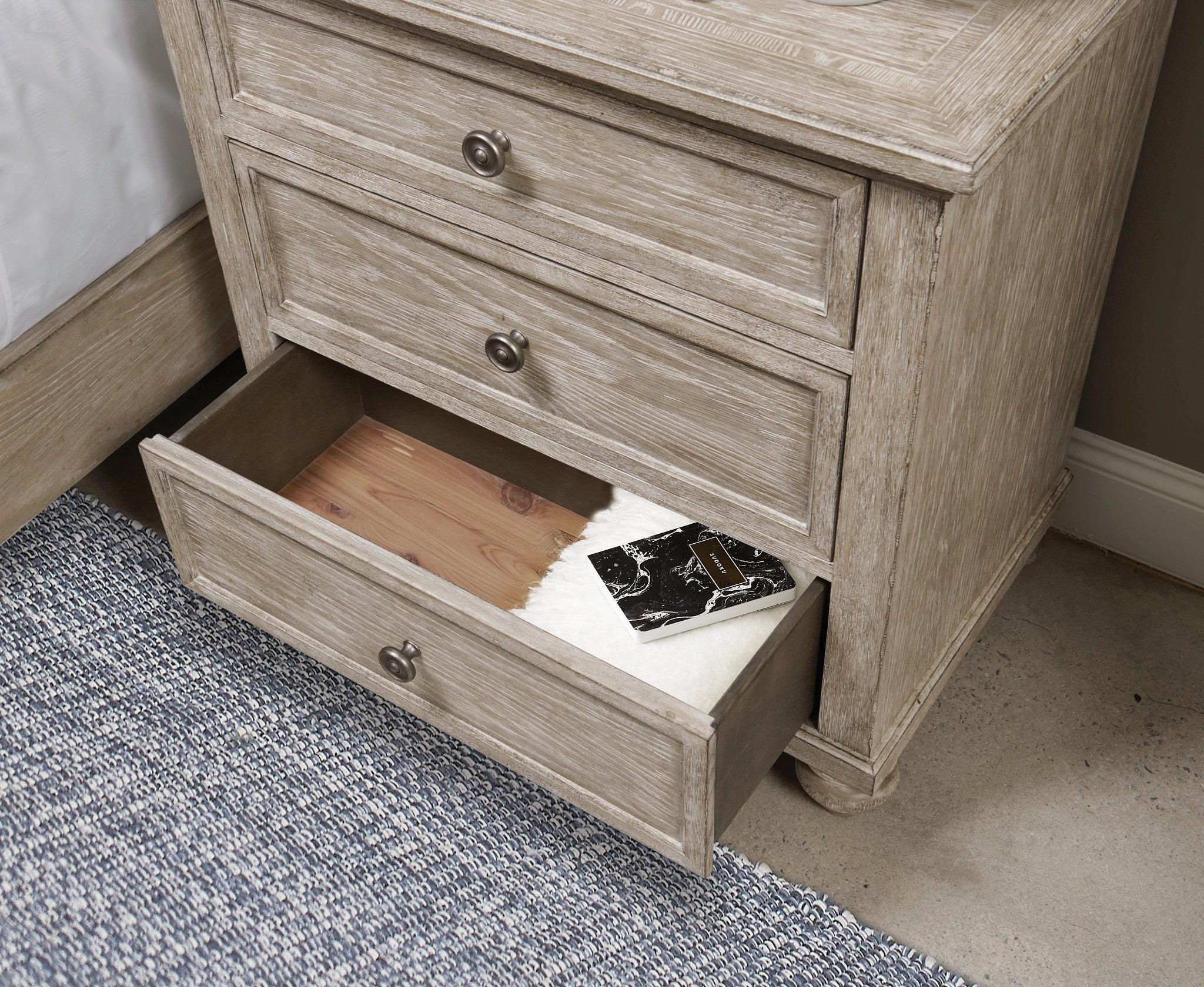 American Drew Cambric Miriam Three Drawer Straight Nightstand in Breve