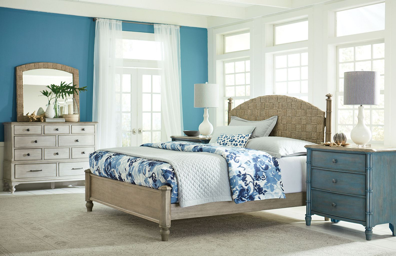American Drew Litchfield Currituck Low Post Bed in Natural Cane Weave/Sun Washed