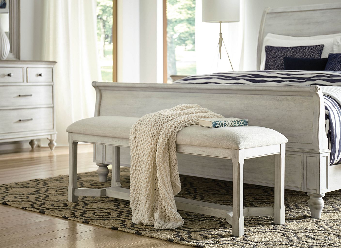 American Drew Litchfield Clayton Upholstered Bench in Sun Washed/Driftwood