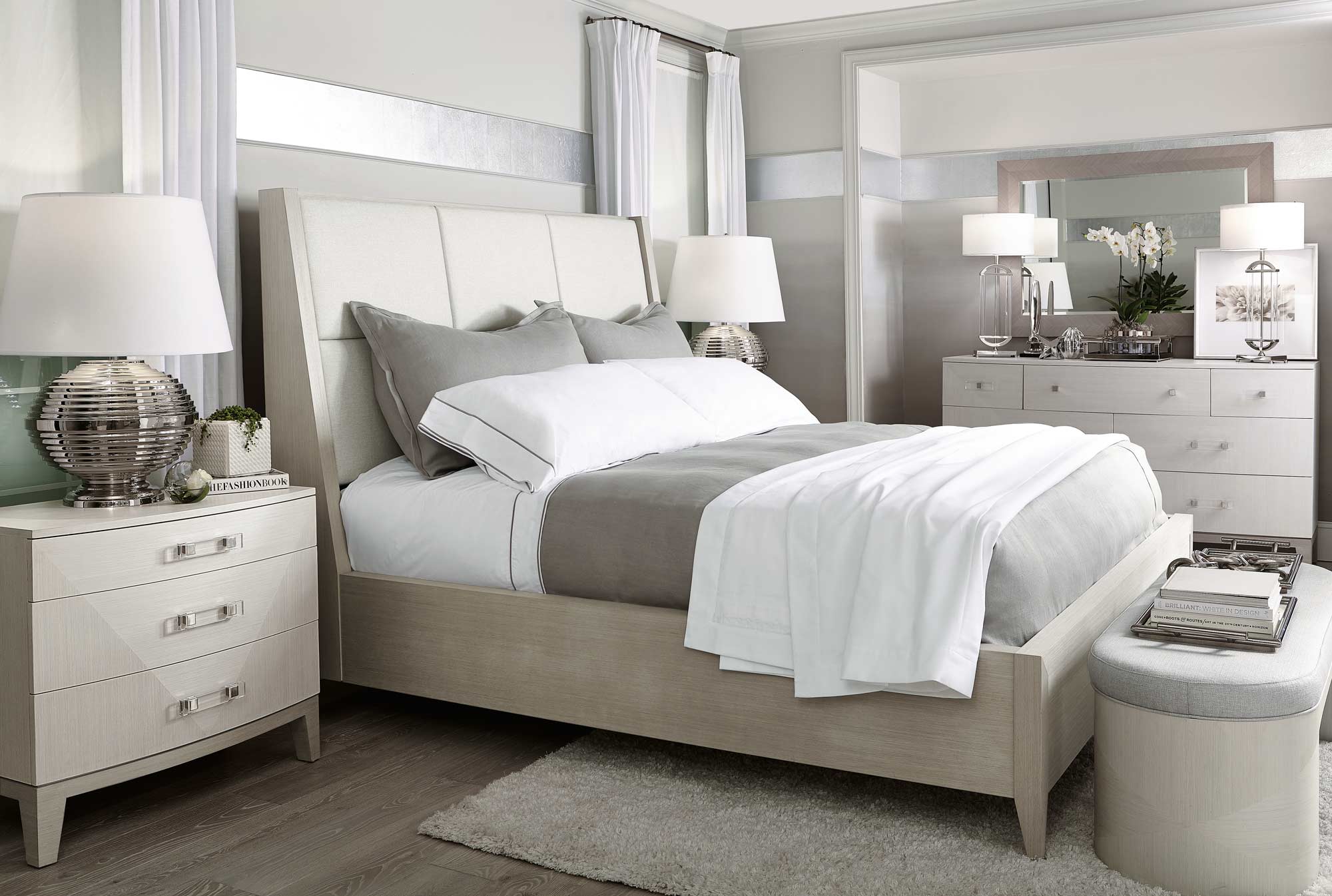 Bernhardt Furniture Axiom Platform Panel Bed in Linear Grey