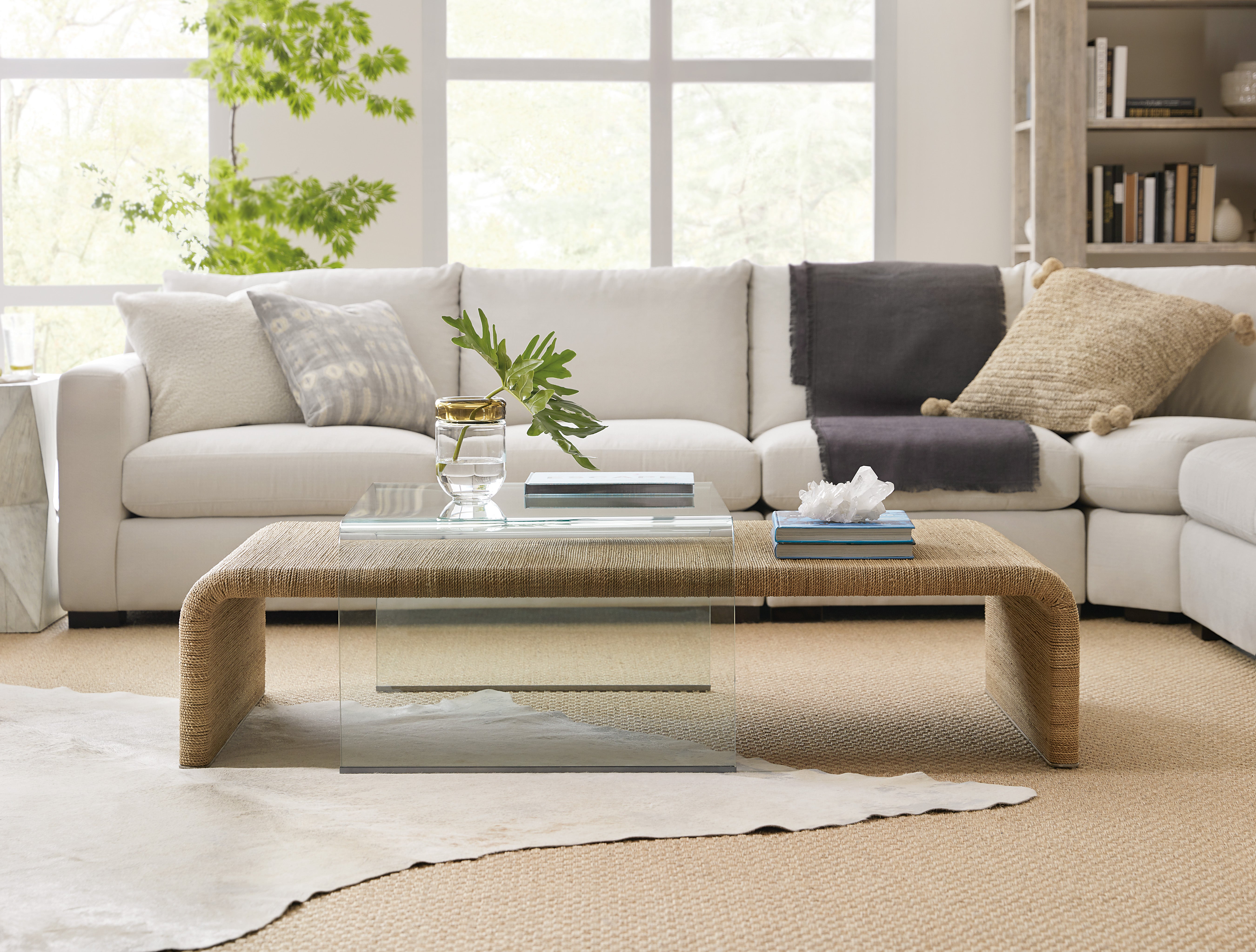 Hooker Furniture Amani Rope and Glass Cocktail Table in Medium Brown