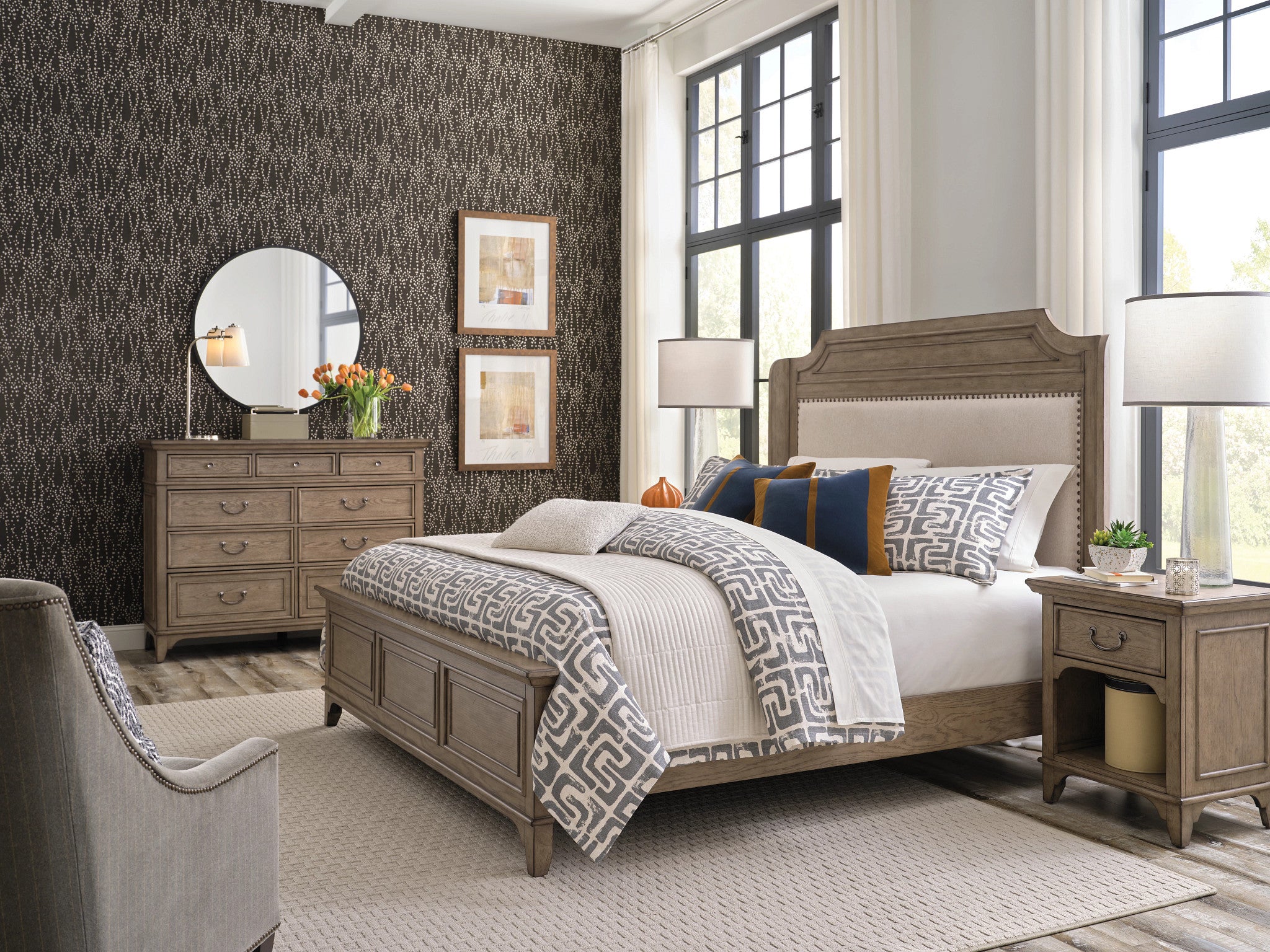 American Drew Carmine Engels Upholstered Queen Bed in Latte