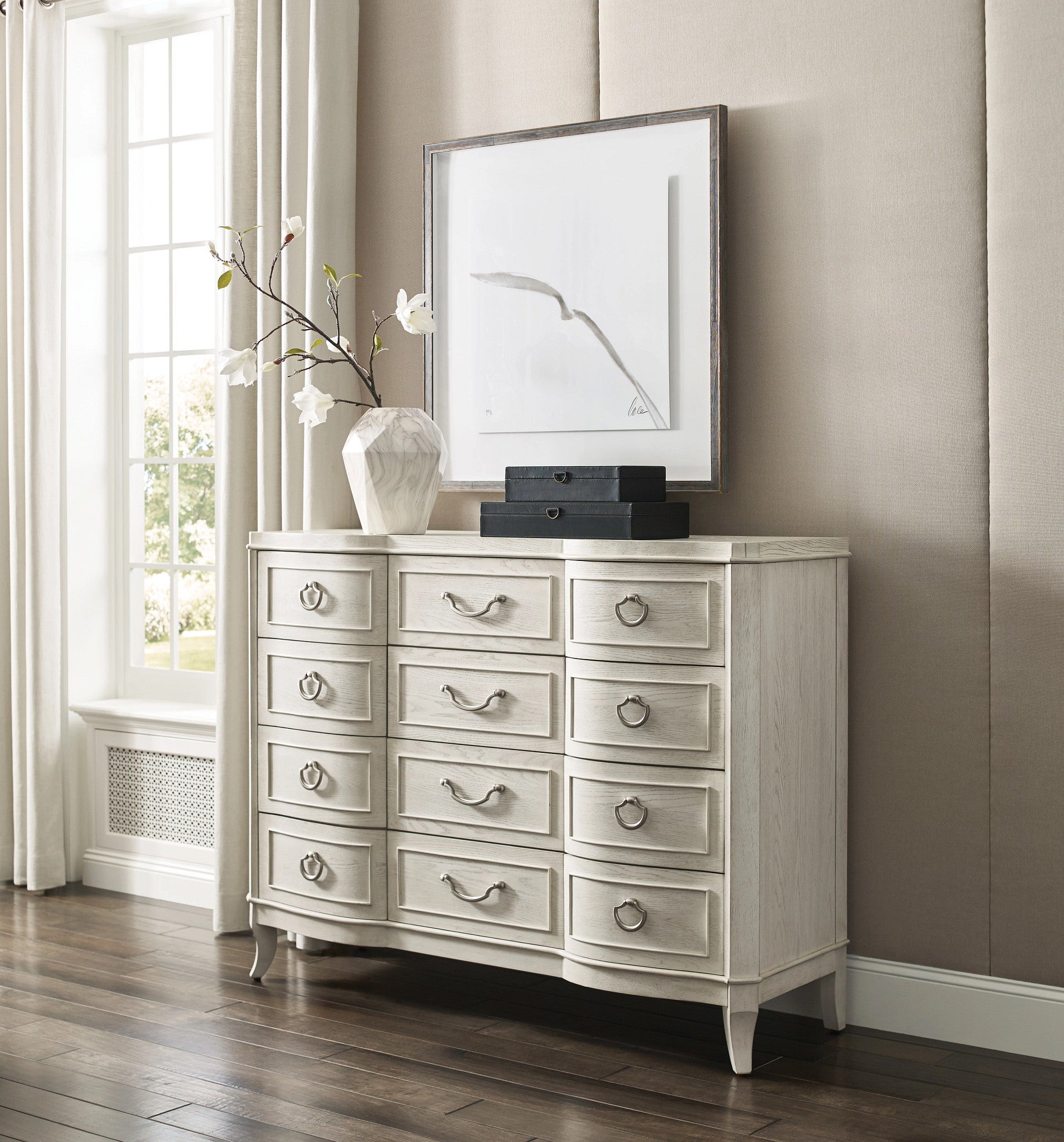American Drew Harmony Emelie Twelve Drawer Dresser in Eggshell