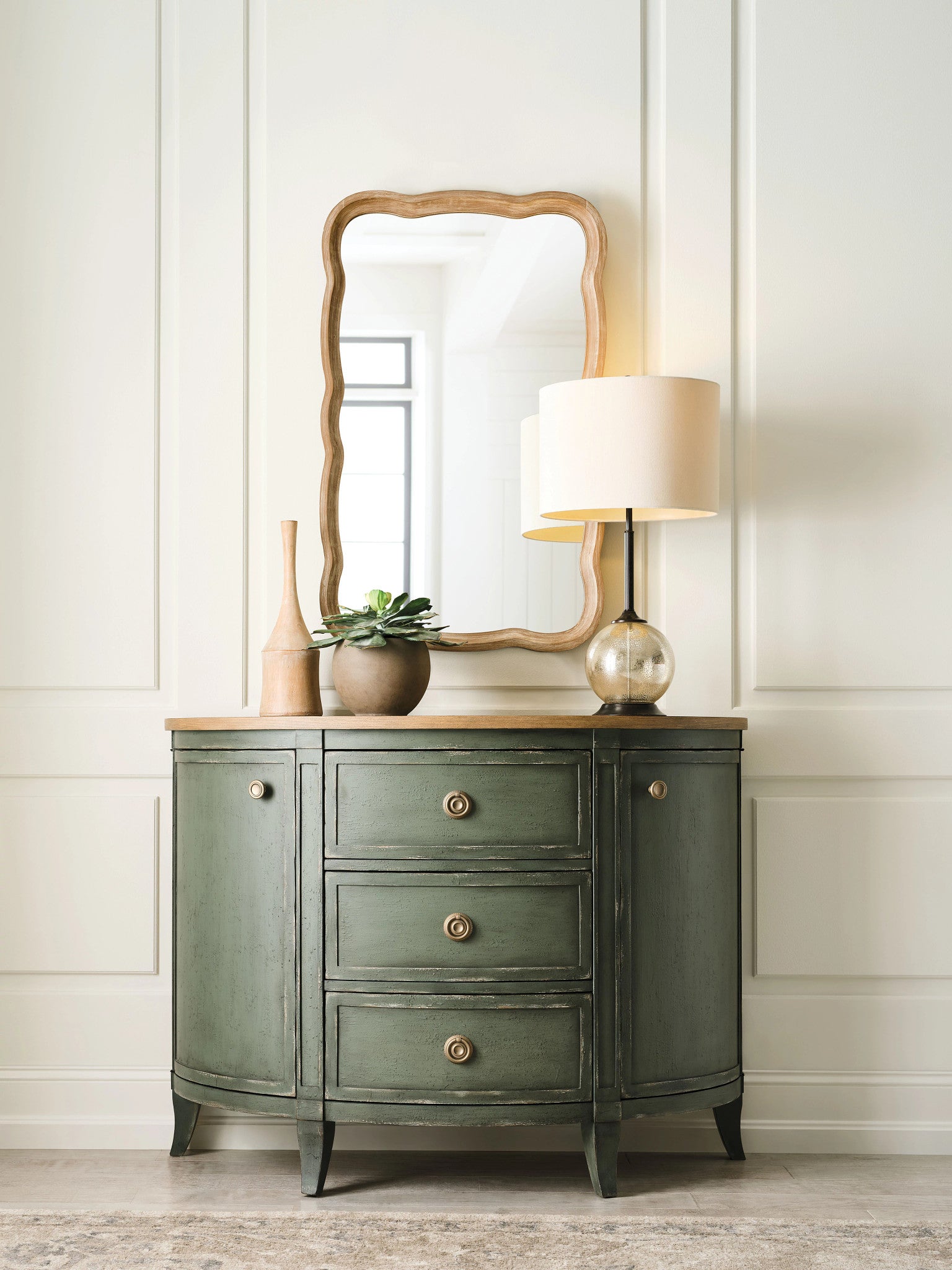 American Drew Chastain Woodfield Demilune Chest in Caramel/Green