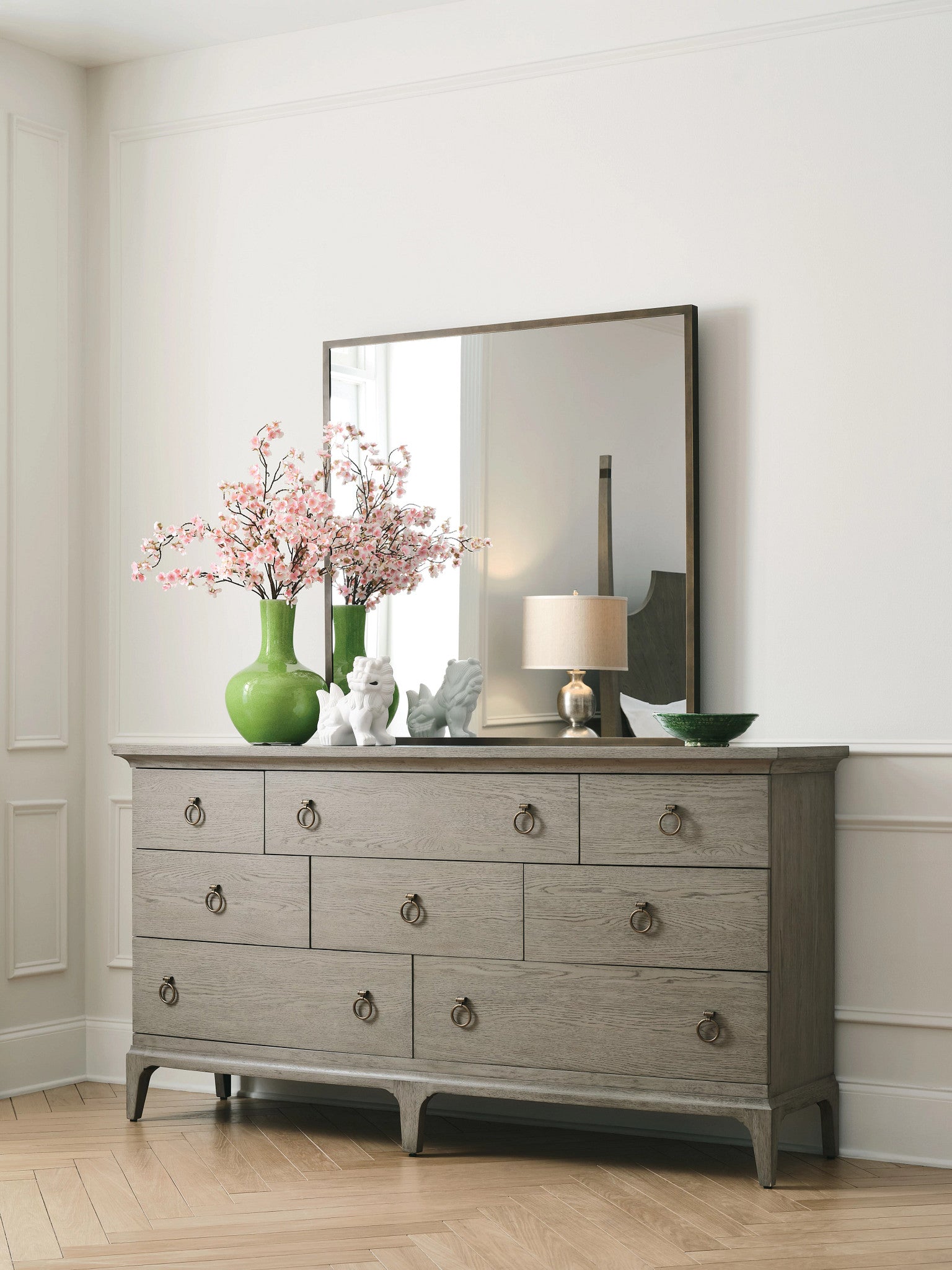 American Drew Milan 8 Drawer Dresser in Stone Metal