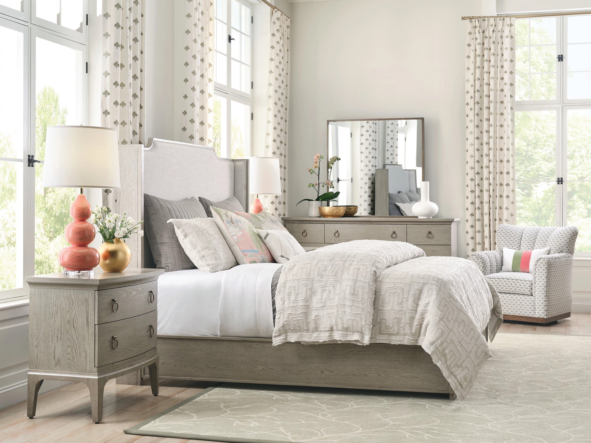 American Drew Milan Sharon UpholsteredBed in Stone Metal