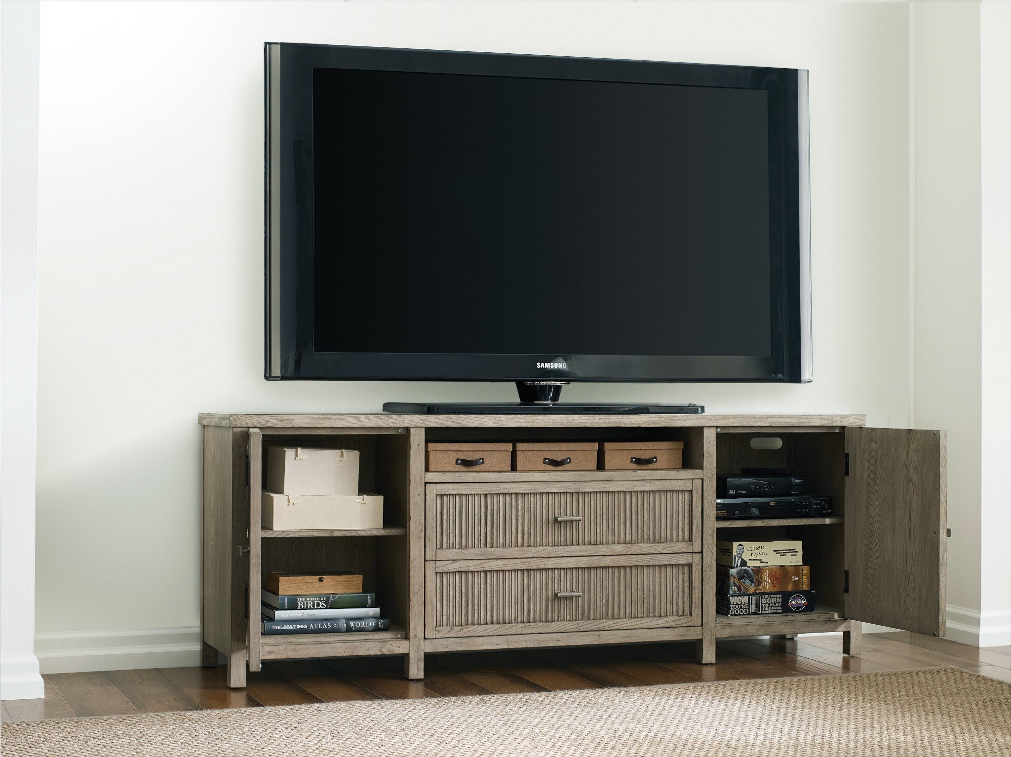 American Drew West Fork Merit Media Cabinet in Aged Taupe