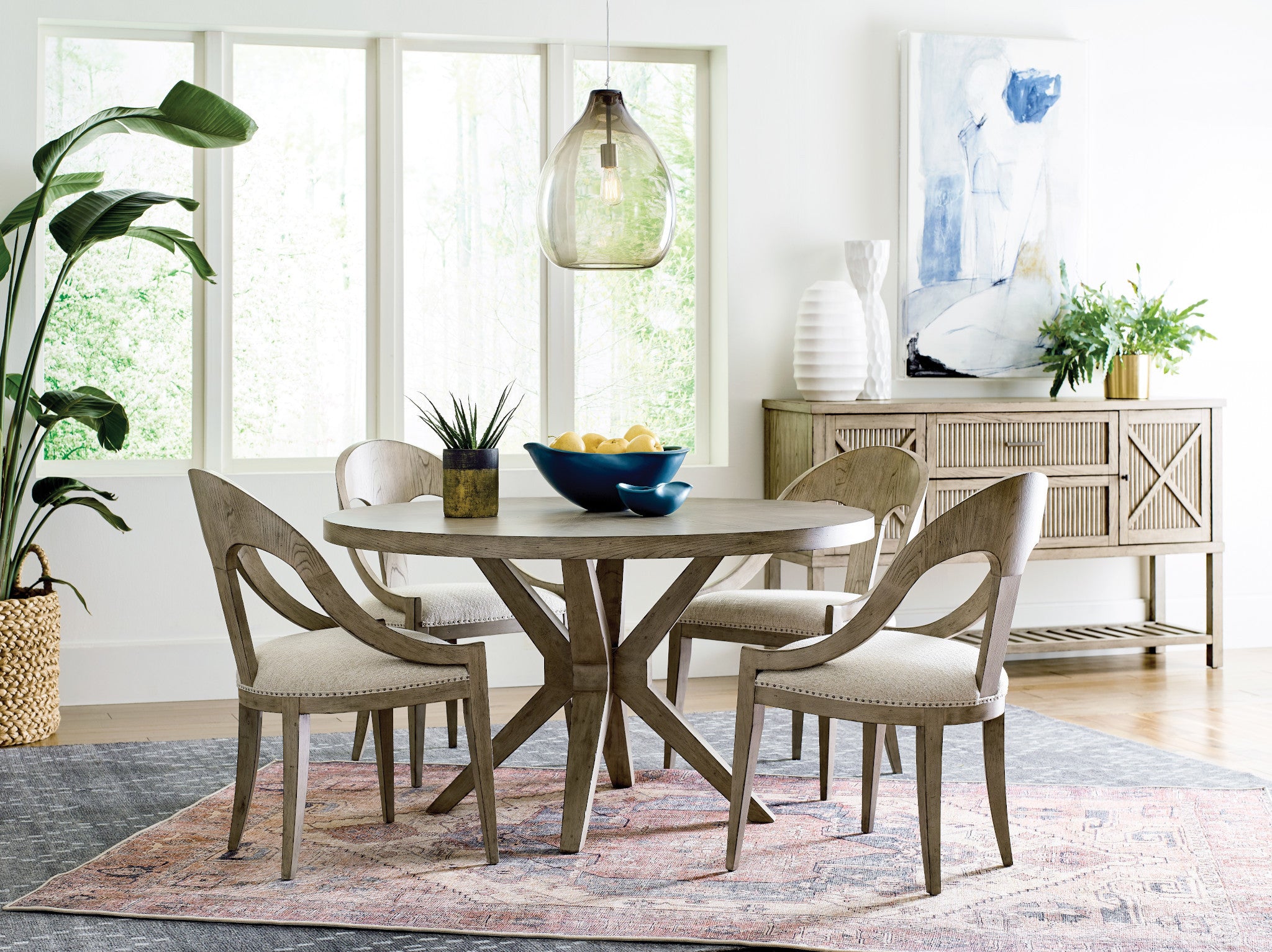 American Drew West Fork Hardy Round Dining Table in Aged Taupe