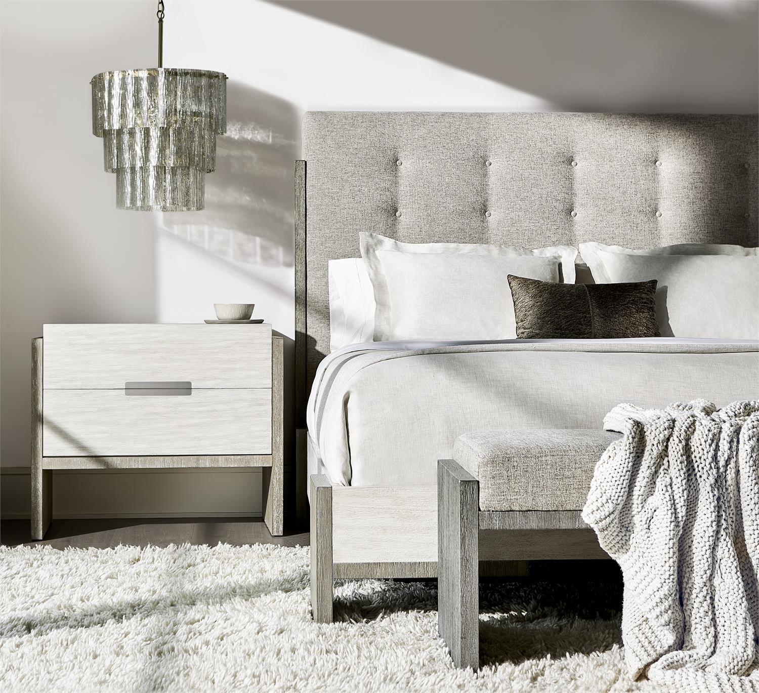 Bernhardt Furniture Foundations Upholstered Panel Bed in Light Shale & Linen