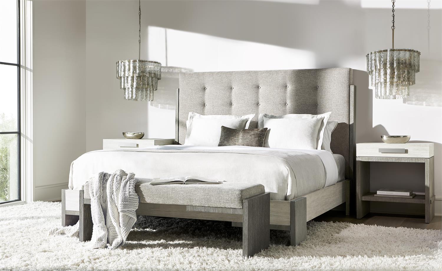 Bernhardt Furniture Foundations Upholstered Panel Bed in Light Shale & Linen
