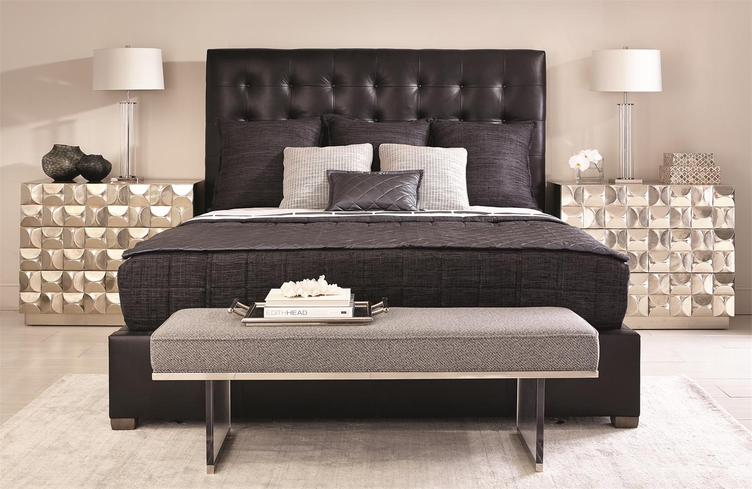 Bernhardt Furniture Avery Leather Tufted Panel Bed in Smoke