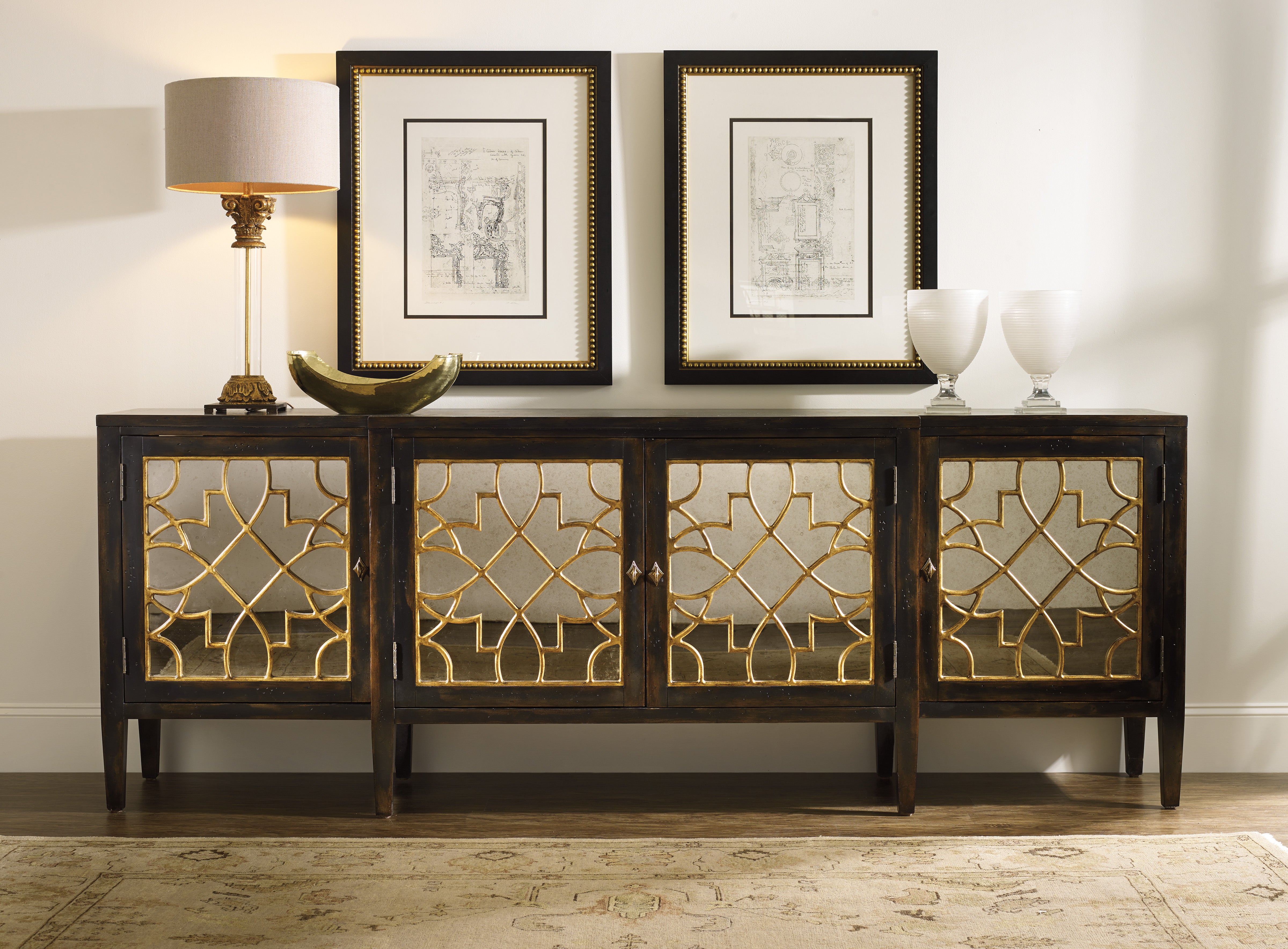 Hooker Furniture Sanctuary Four Door Mirrored Console- Ebony in Blacks