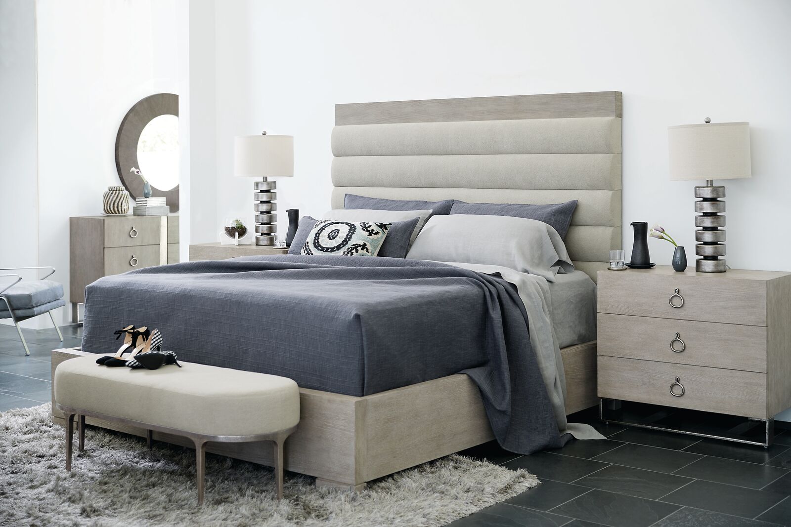 Bernhardt Furniture Linea Tufted Panel Bed  in Cerused Greige