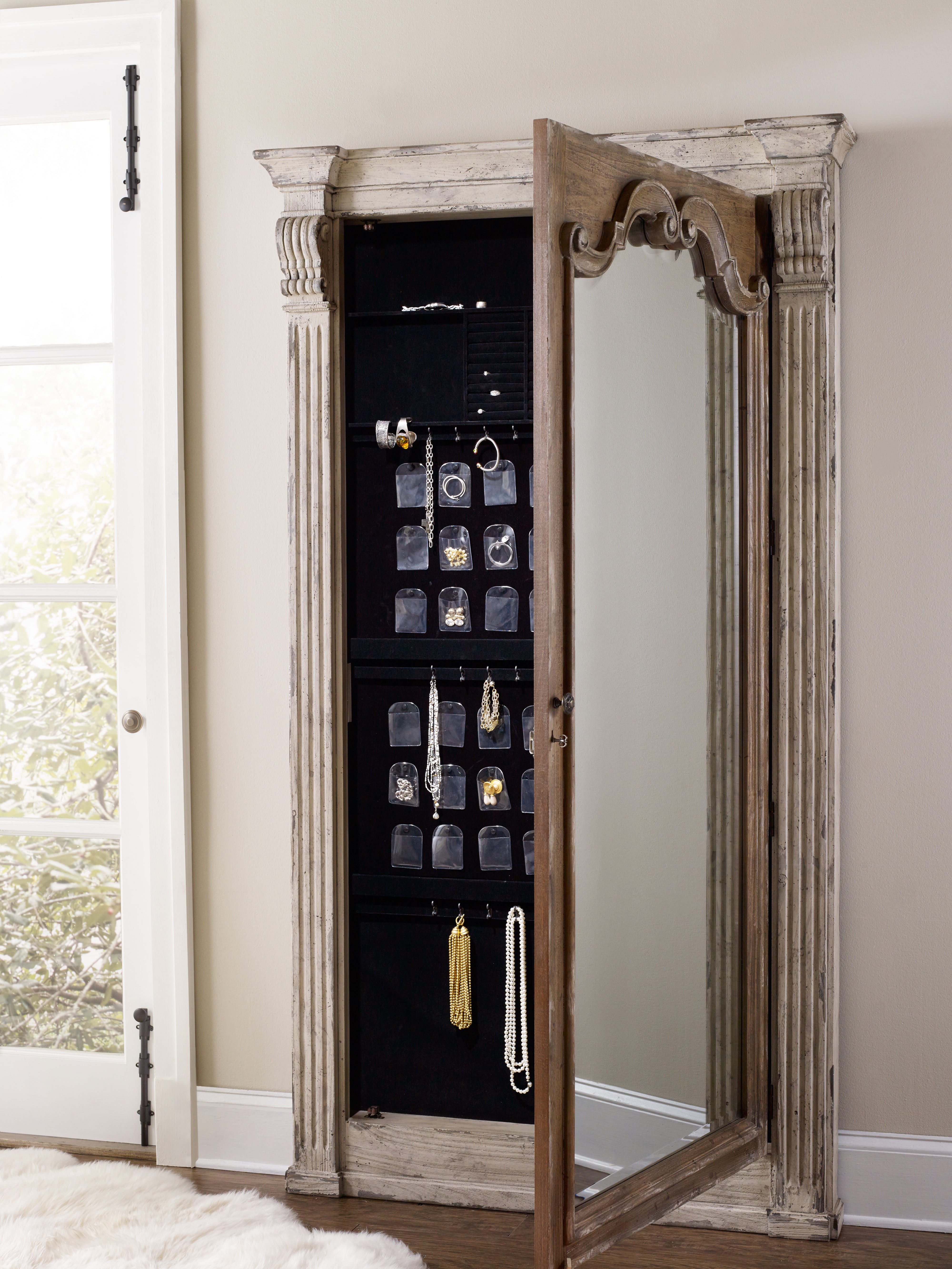 Hooker Furniture Chatelet Floor Mirror withJewelry Armoire Storage in Beige