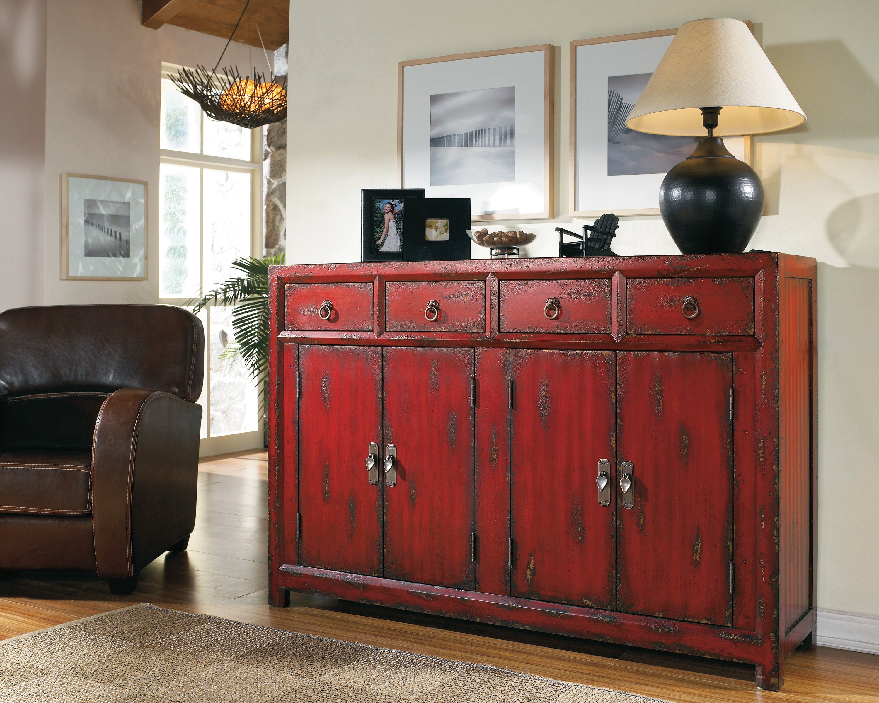 Hooker Furniture 58'' Red Asian Cabinet in Dark Red