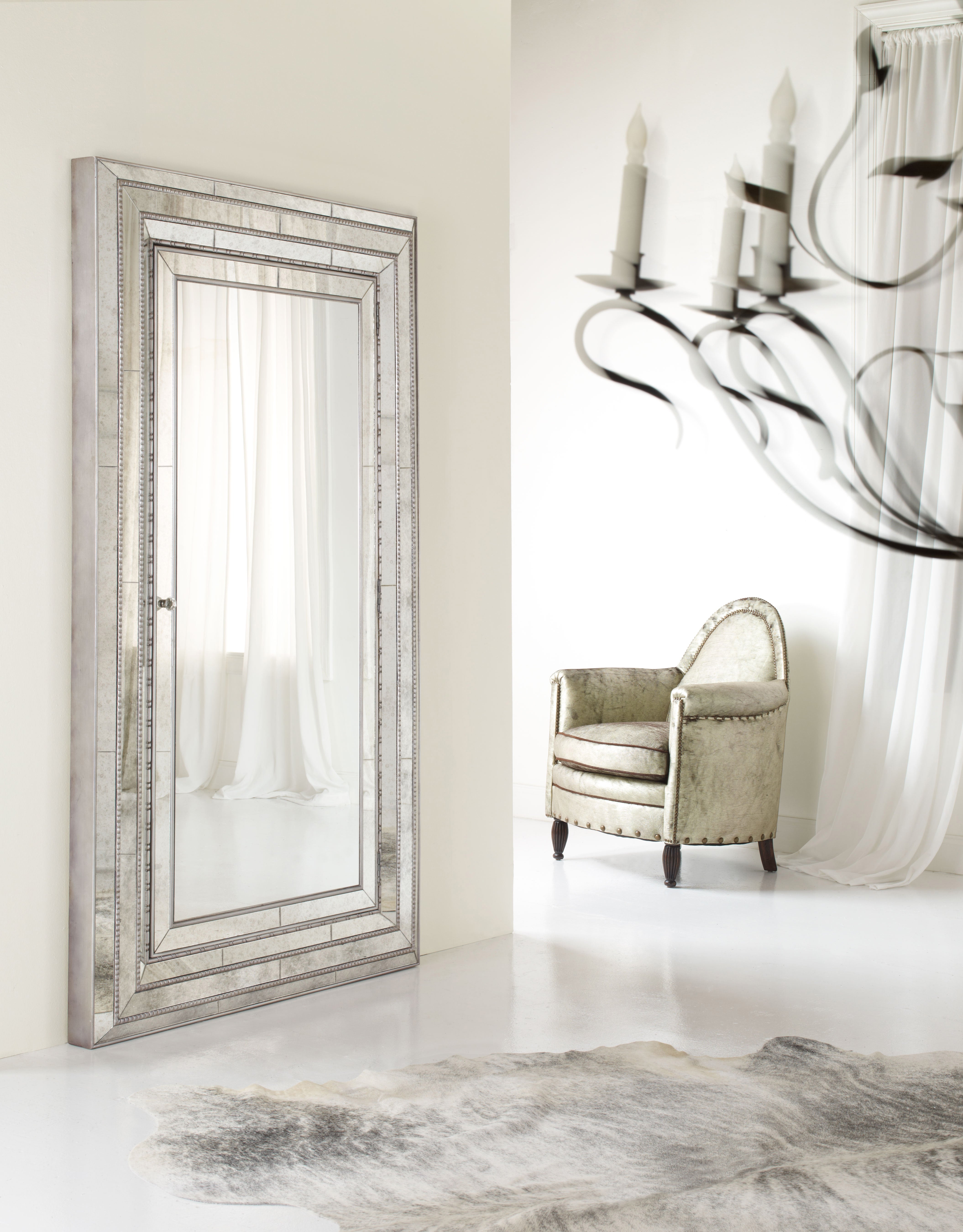 Hooker Furniture Melange Glamour Floor Mirror withJewelry Armoire Storage in Champagne