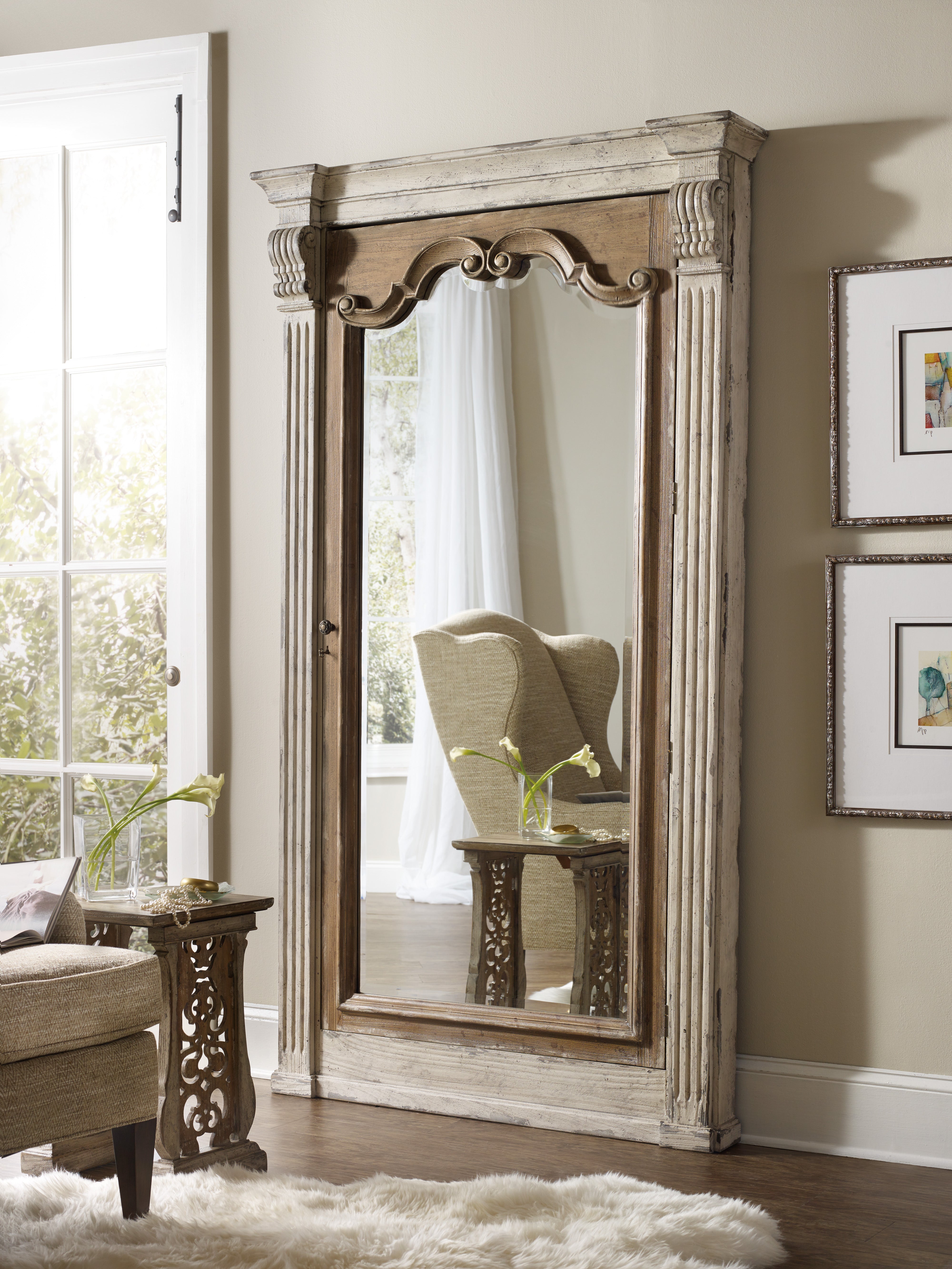 Hooker Furniture Chatelet Floor Mirror withJewelry Armoire Storage in Beige